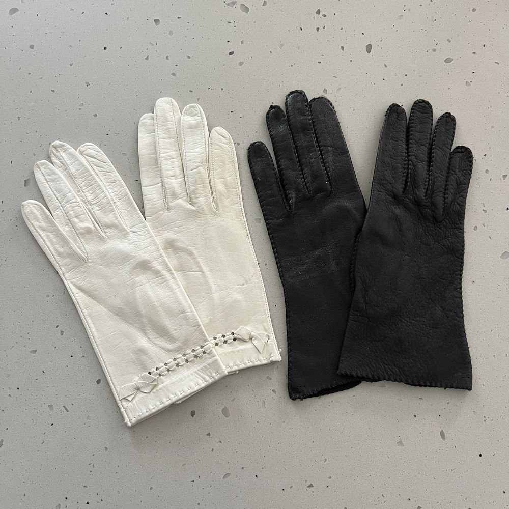 Vintage 50s 60s Genuine Deerskin Leather Gloves set White Black size 6 / 6.5